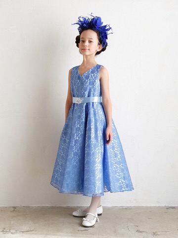 ブルーフラワーレースが上品なブルーのジュニアレンタルドレス